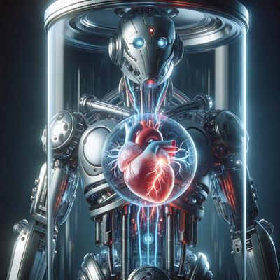 The primary subject of the image is a futuristic robot with a heart-shaped organ in its chest. The robot is made of metal and has a silver appearance. The setting is a dark room, and the visual style is digital art. The dominant colors are silver and blue, giving the robot a sleek and modern look. The overall atmosphere of the image is futuristic and technological.